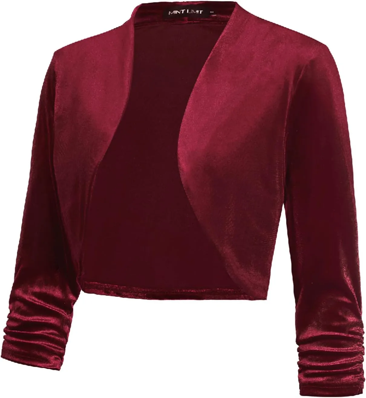 MINTLIMIT Women's Velvet Bolero Shrugs for Dresses Ruched 3/4 Sleeve Open Front Cocktail Party Cropped Cardigan