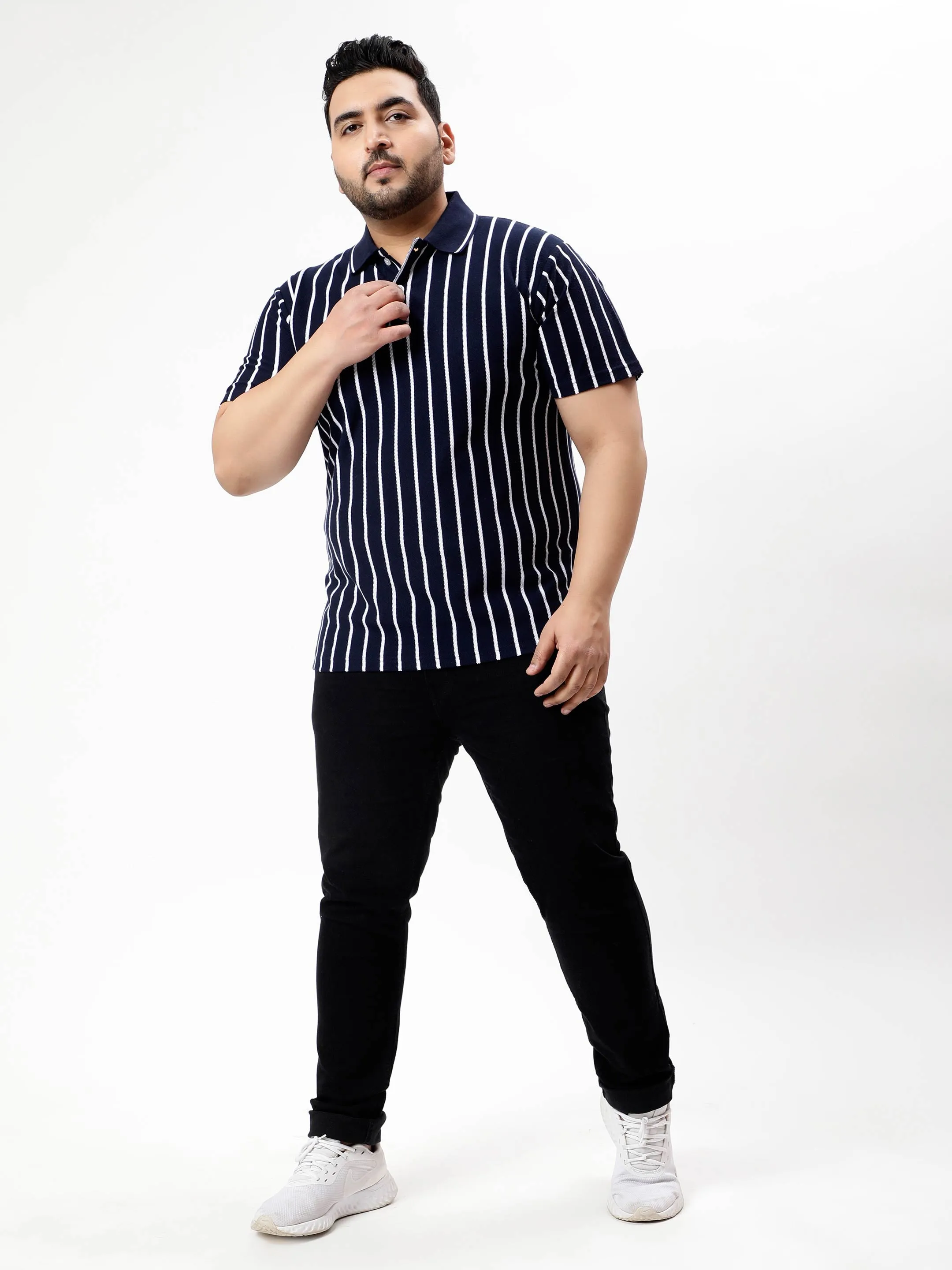 Navy Blue Striped Premium Polo T-shirt