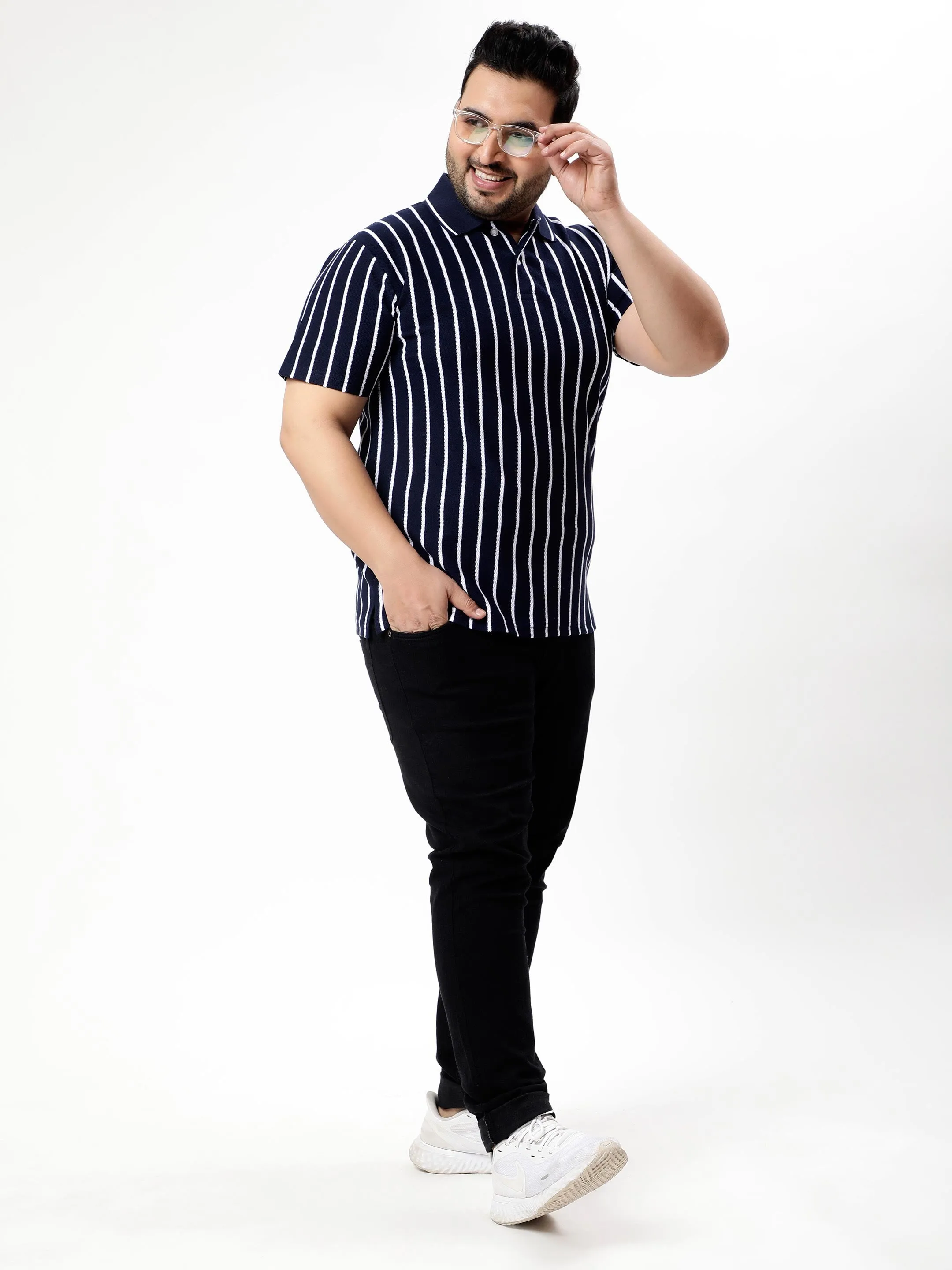 Navy Blue Striped Premium Polo T-shirt