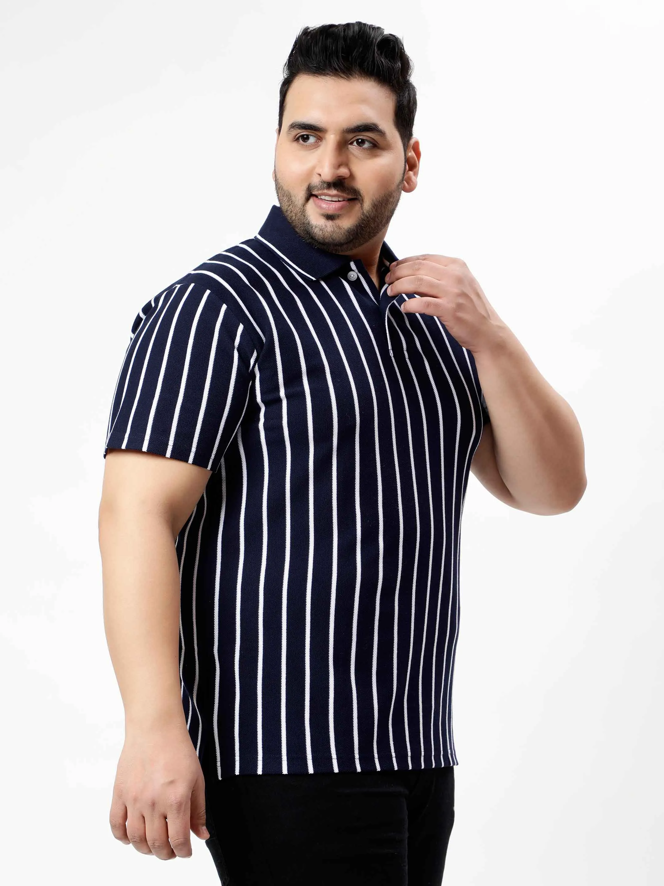 Navy Blue Striped Premium Polo T-shirt
