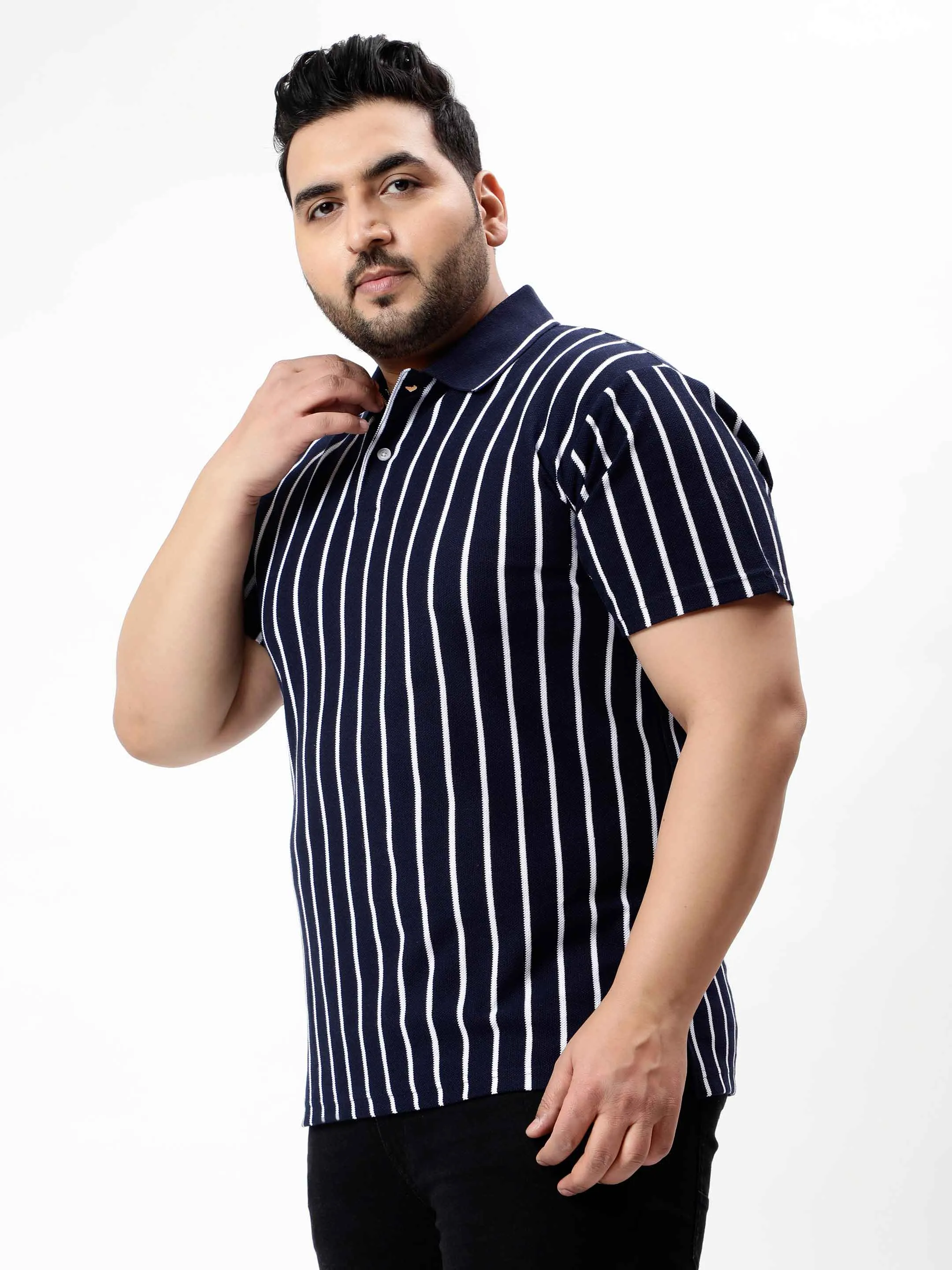 Navy Blue Striped Premium Polo T-shirt