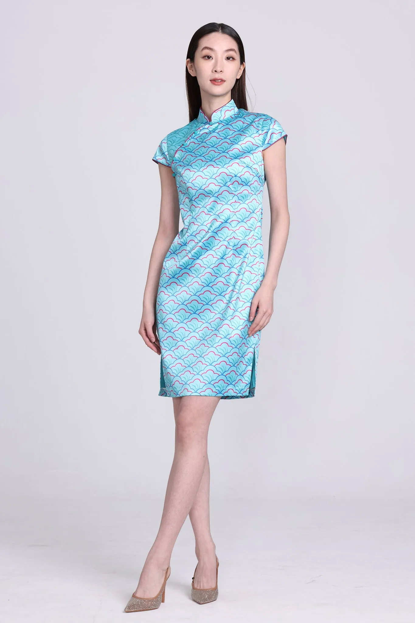 POLLY Fan Print Satin Cheongsam (Aqua)