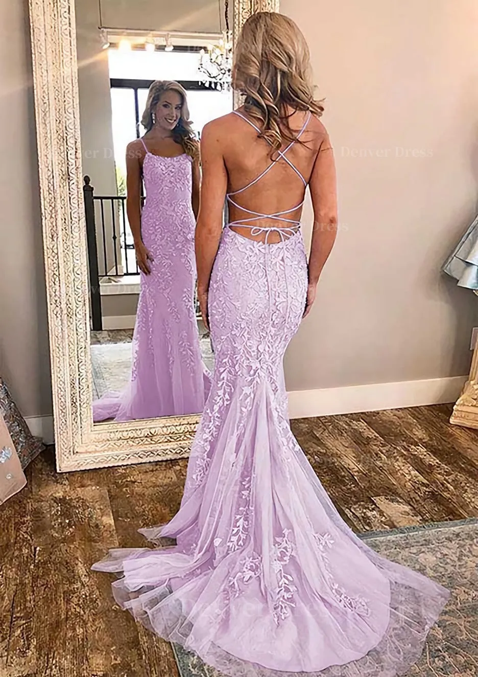 Sheath/Column Square Neckline Sleeveless Court Train Lace Prom Dress With Appliqued