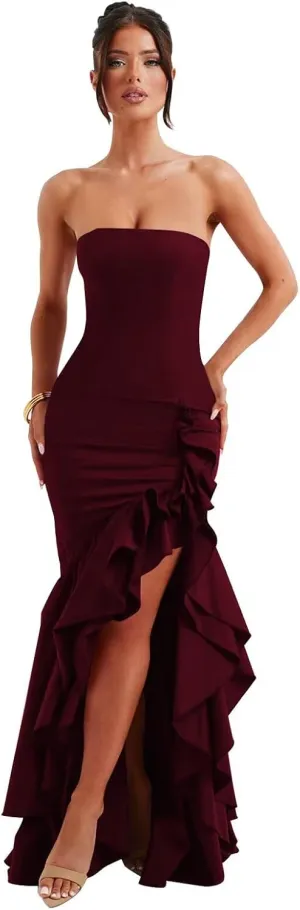 SoDigne Ruffled Long Satin Prom Dress for Women Strapless Mermaid Maxi Formal Evening Gown with Slit