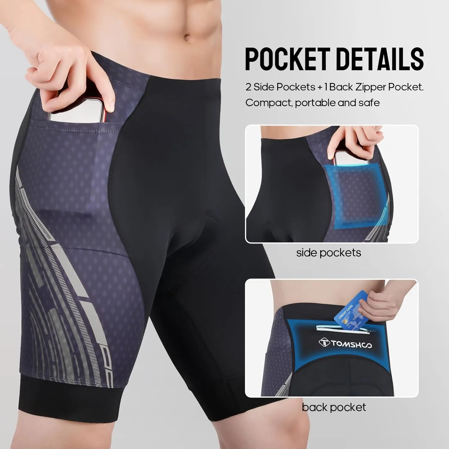 TOMSHOO Cycling Bike Shorts, 4D Padded Bicycle Riding Biker Pants with Multi-Pockets, Reflective Coating, Anti-Slip Leg