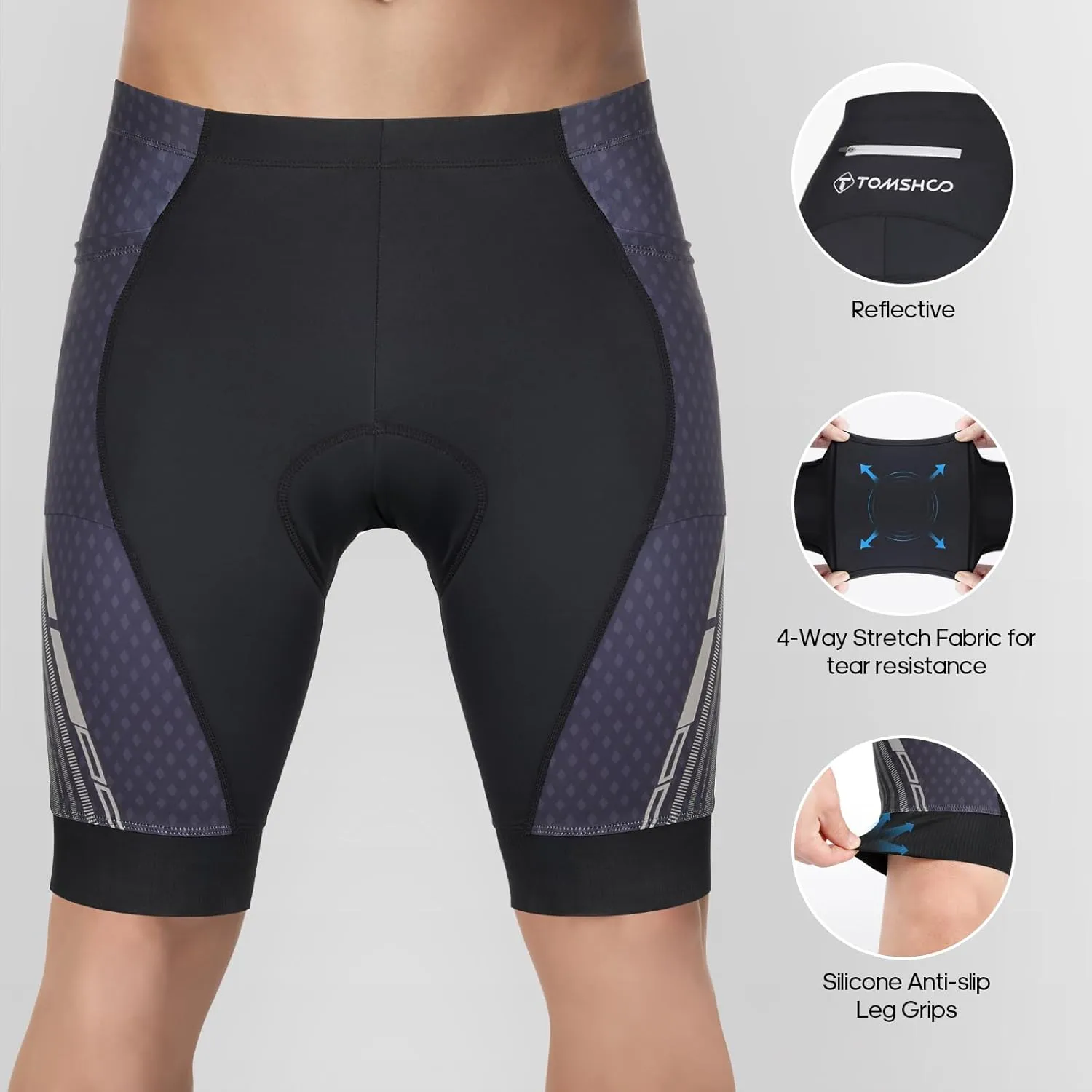 TOMSHOO Cycling Bike Shorts, 4D Padded Bicycle Riding Biker Pants with Multi-Pockets, Reflective Coating, Anti-Slip Leg