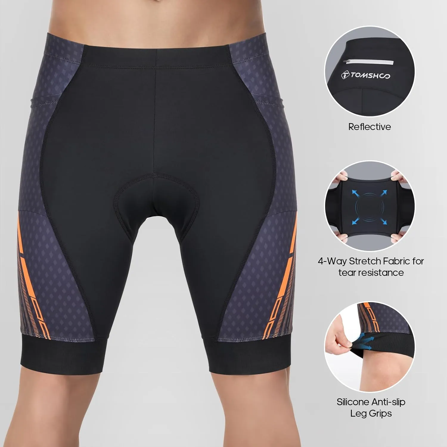 TOMSHOO Cycling Bike Shorts, 4D Padded Bicycle Riding Biker Pants with Multi-Pockets, Reflective Coating, Anti-Slip Leg