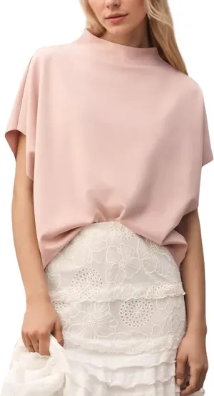 Women Mock Neck Batwing Short Sleeve Loose Tshirt Top Turtle Neck Batwing Sleeve Solid Oversized Tee Shirt Top