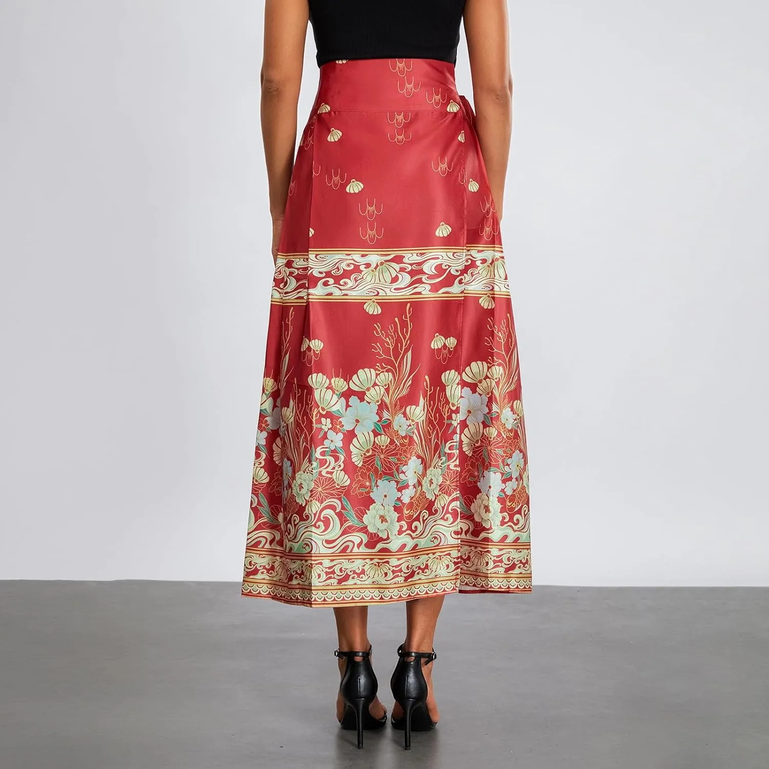 Women's Horse Face Skirt Flower Print Pleated Tie Up A-Line Long Skirt Chinese Style Ming Dynasty Hanfu Midi Skirt