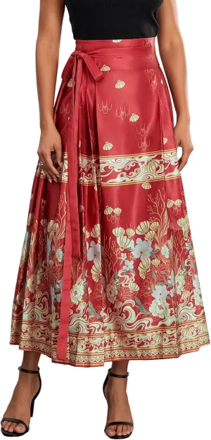 Women's Horse Face Skirt Flower Print Pleated Tie Up A-Line Long Skirt Chinese Style Ming Dynasty Hanfu Midi Skirt