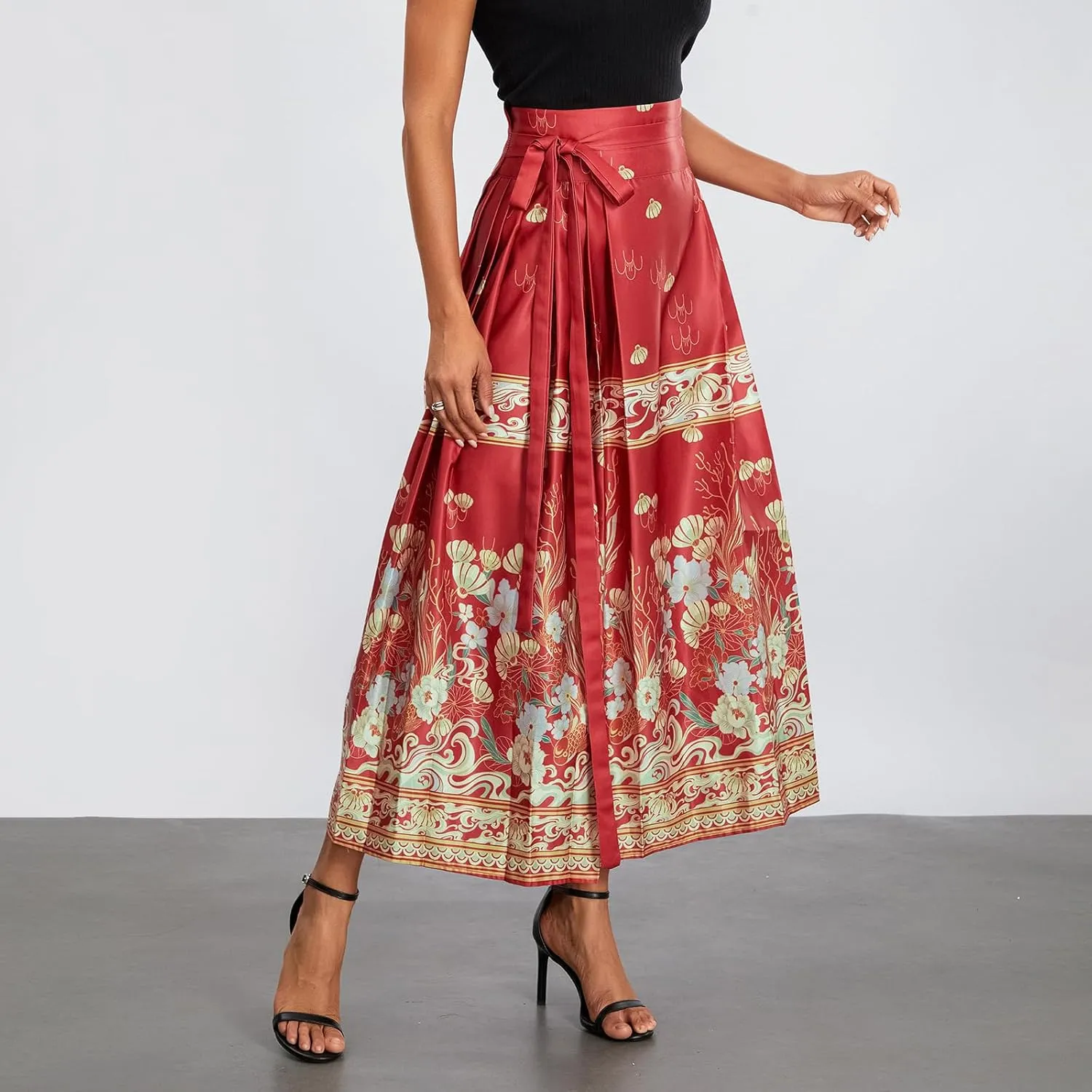 Women's Horse Face Skirt Flower Print Pleated Tie Up A-Line Long Skirt Chinese Style Ming Dynasty Hanfu Midi Skirt