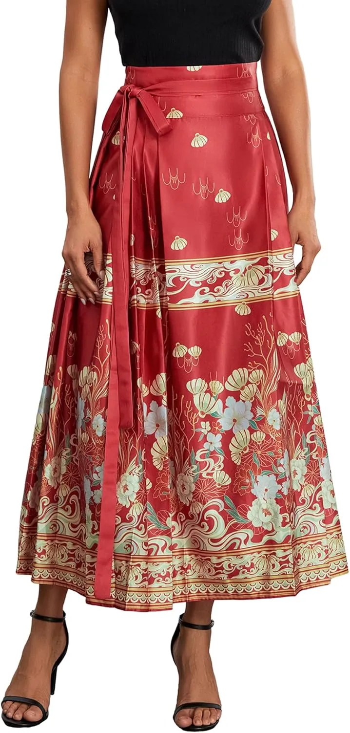 Women's Horse Face Skirt Flower Print Pleated Tie Up A-Line Long Skirt Chinese Style Ming Dynasty Hanfu Midi Skirt