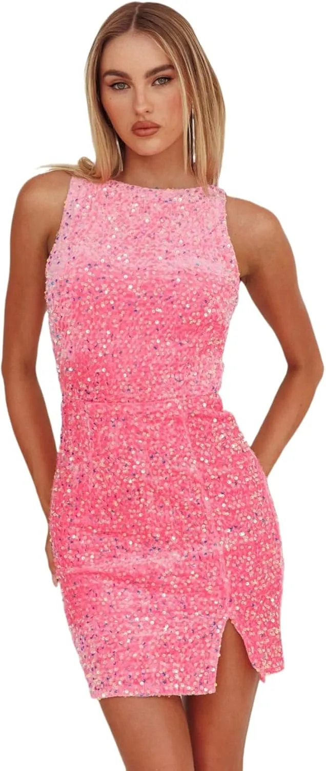 Women's Sexy Backless Sparkly Sequin Mini Dress Split Hem Glitter Velvet Tank Dress Prom Party Cocktail Dress