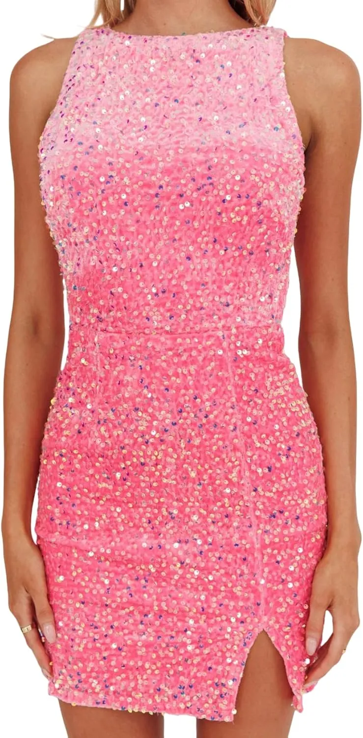 Women's Sexy Backless Sparkly Sequin Mini Dress Split Hem Glitter Velvet Tank Dress Prom Party Cocktail Dress