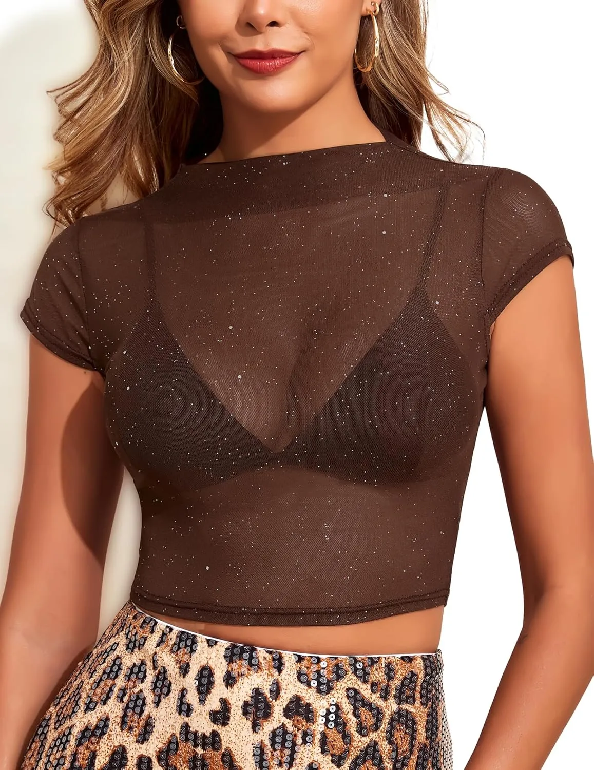 YYA Sheer Mesh Crop Top with Silver Glitter Cap Sleeve Party Top for Women Sexy Blouse S-XXL